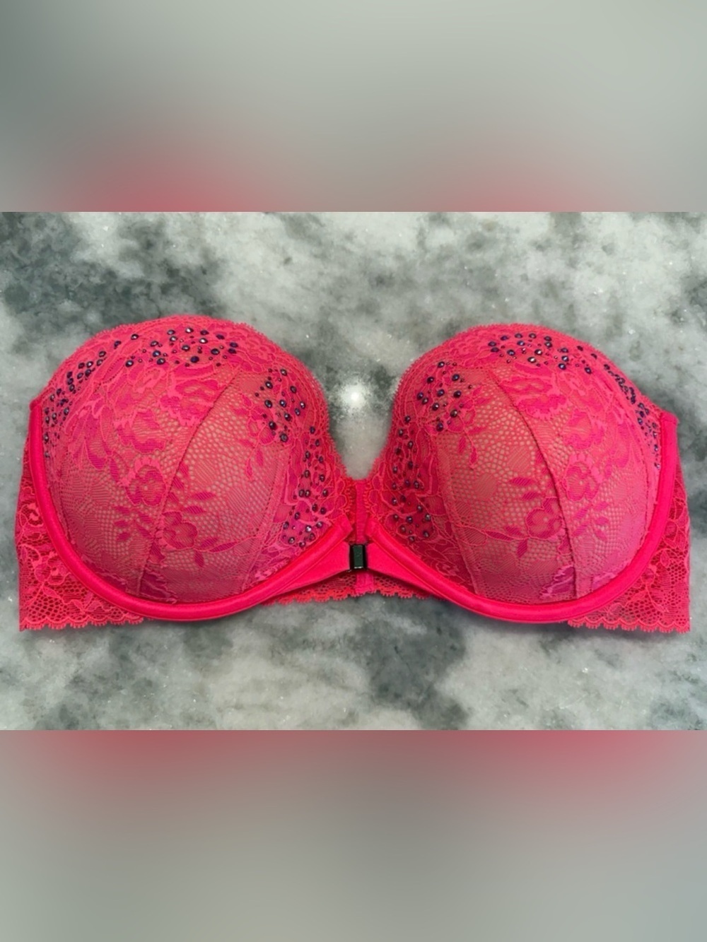 Victoria’s Secret Hot Pink Crystal Strapless Bra 36D Lace Rhinestone Bombshell